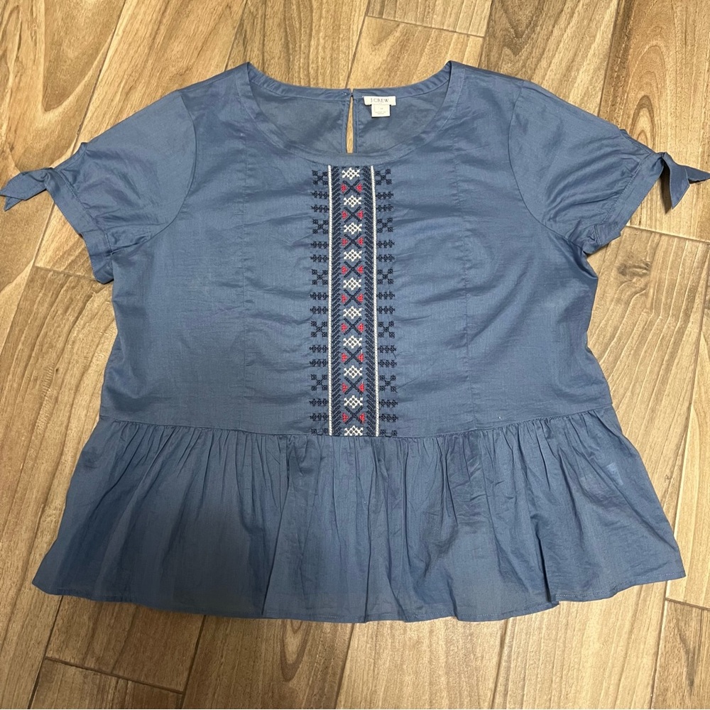 J. Crew Blue Embroidered Peplum Short Sleeve Top
